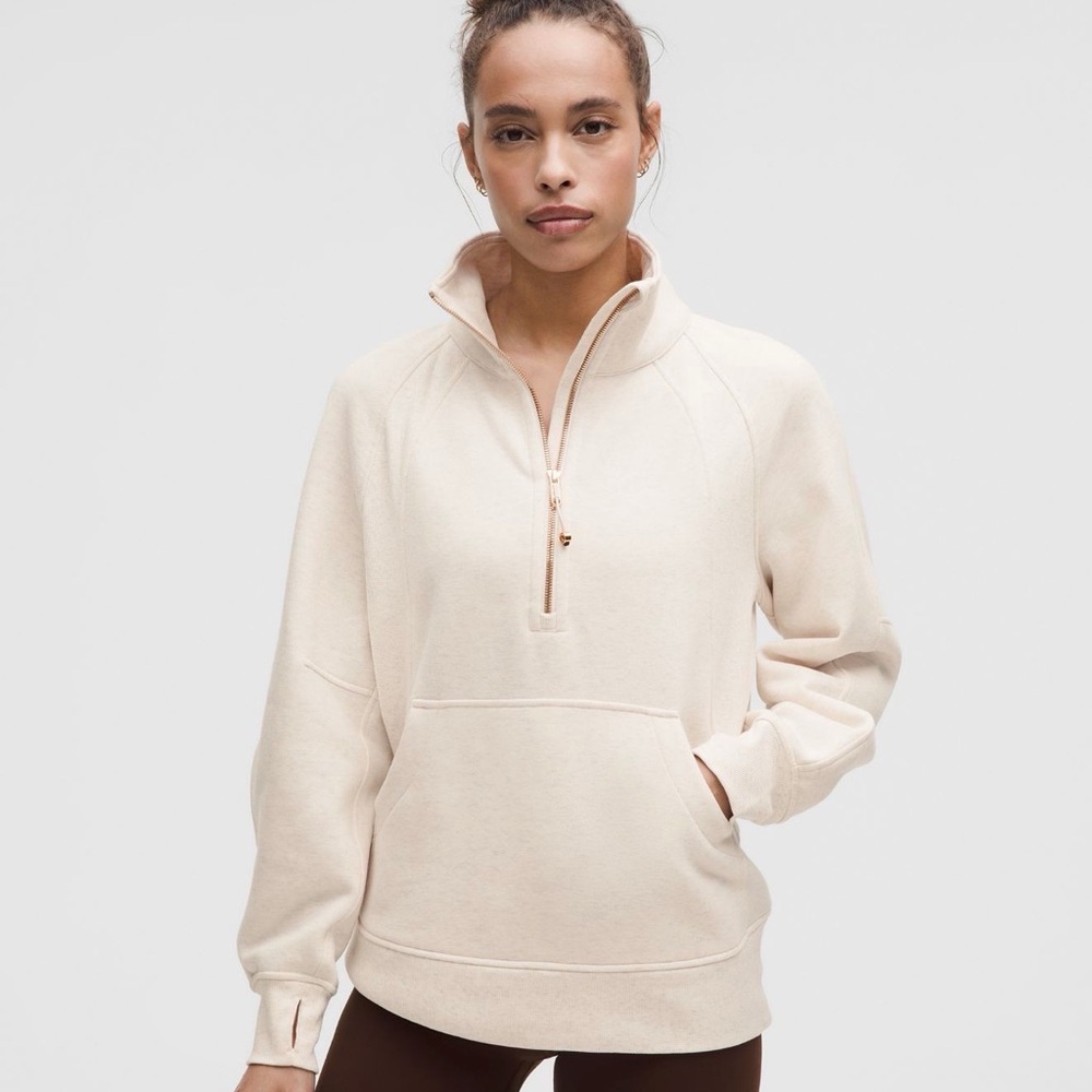 lululemon athletica Cream 1/2 zipped sweater very wide long Scuba tunnel collar